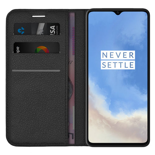 Leather Wallet Case & Card Holder Pouch for OnePlus 7T - Black