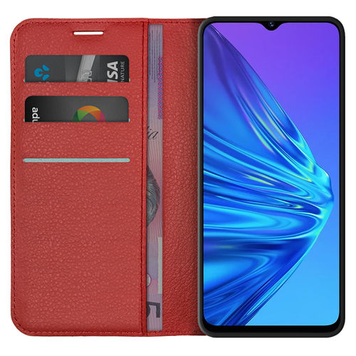 Leather Wallet Case & Card Holder Pouch for realme 5 - Red