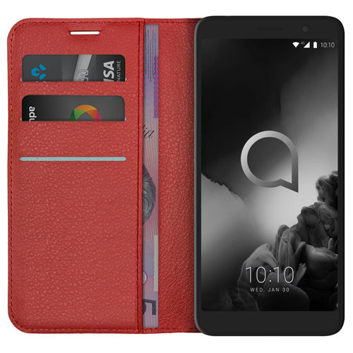 Leather Wallet Case & Card Holder Pouch for Alcatel 1X (2019) - Red