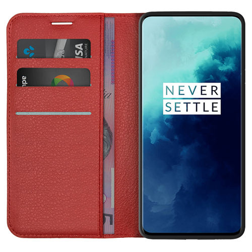 Leather Wallet Case & Card Holder Pouch for OnePlus 7T Pro - Red