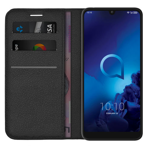 Leather Wallet Case & Card Holder Pouch for Alcatel 3 (2019) - Black