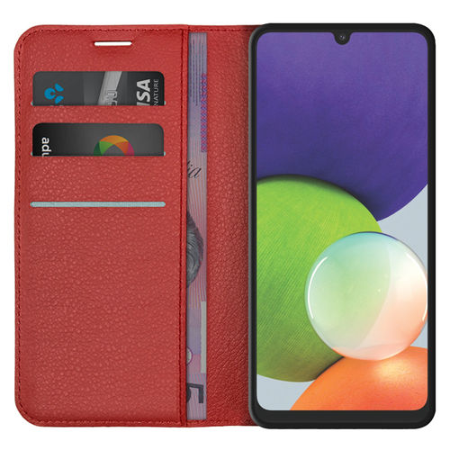Leather Wallet Case & Card Holder Pouch for Samsung Galaxy A22 4G - Red