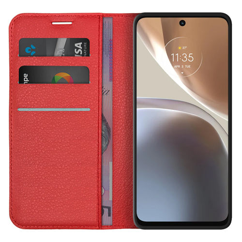 Leather Wallet Case & Card Holder Pouch for Motorola Moto G32 - Red