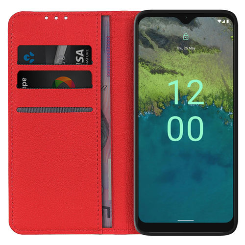 Leather Wallet Case & Card Holder Pouch for Nokia C12 - Red