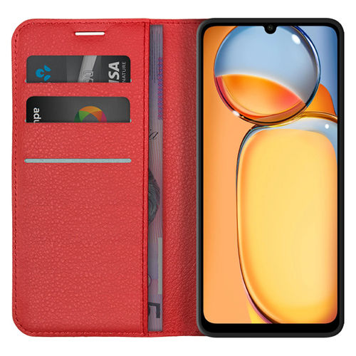 Leather Wallet Case & Card Holder Pouch for Xiaomi Redmi 13C - Red