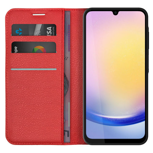 Leather Wallet Case & Card Holder Pouch for Samsung Galaxy A25 5G - Red