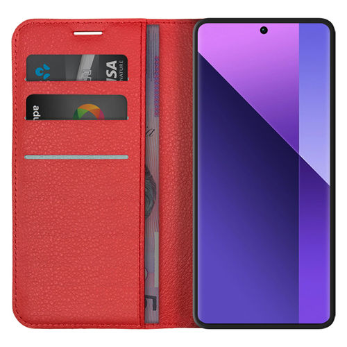 Leather Wallet Case & Card Holder Pouch for Xiaomi Redmi Note 13 Pro+ 5G - Red