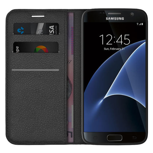 Leather Wallet Case & Card Holder Pouch for Samsung Galaxy S7 - Black