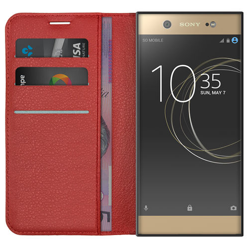 Leather Wallet Case & Card Holder Pouch for Sony Xperia XA1 Ultra - Red