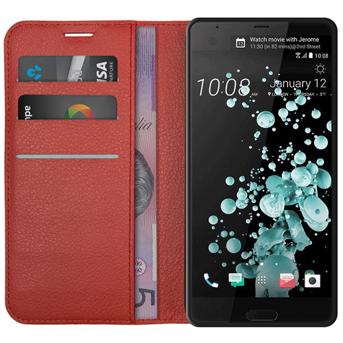 Leather Wallet Case & Card Holder Pouch for HTC U Ultra - Red