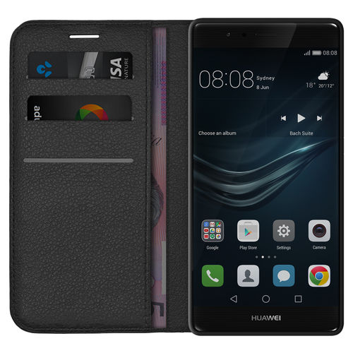 Leather Wallet Case & Card Holder Pouch for Huawei P9 Plus - Black