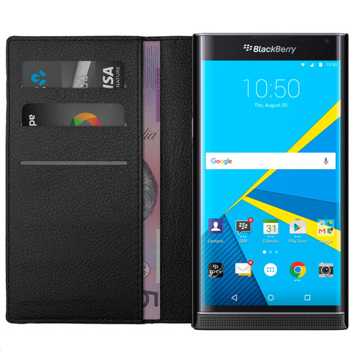Leather Wallet Case & Card Holder Pouch for BlackBerry Priv - Black
