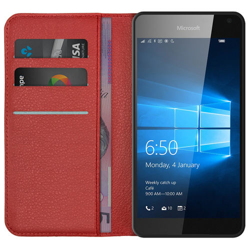 Leather Wallet Case & Card Holder Pouch for Microsoft Lumia 650 - Red