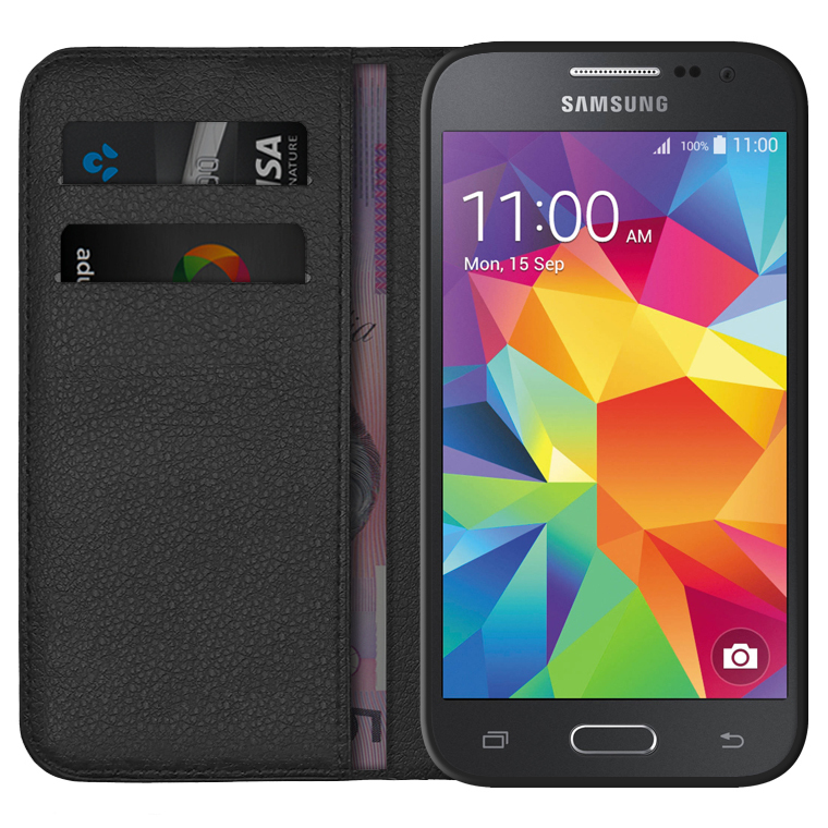 Leather Wallet Case For Samsung Galaxy Core Prime Black