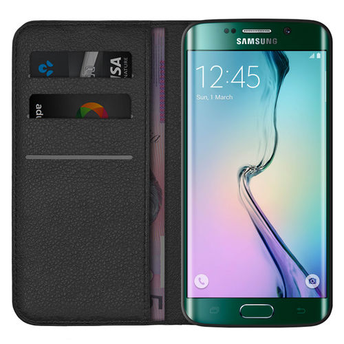 Leather Wallet Case & Card Holder Pouch for Samsung Galaxy S6 Edge - Black