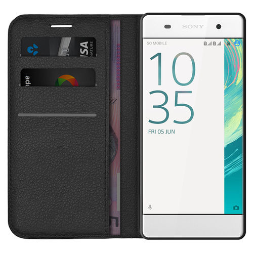 Leather Wallet Case & Card Holder Pouch for Sony Xperia XA - Black