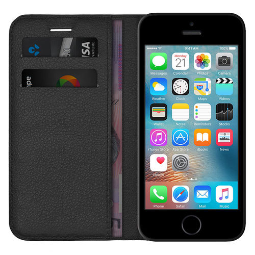 Leather Wallet Case & Card Pouch for Apple iPhone 5 / 5s / SE (1st Gen) - Black