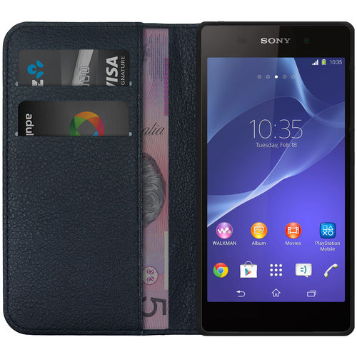 Leather Wallet Case & Card Holder Pouch for Sony Xperia Z2A - Black