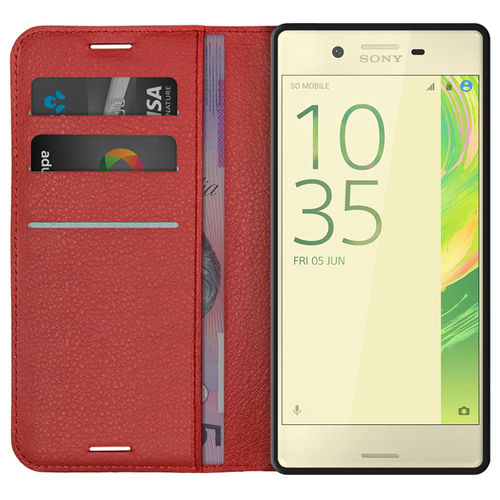 Leather Wallet Case & Card Holder Pouch for Sony Xperia X - Red