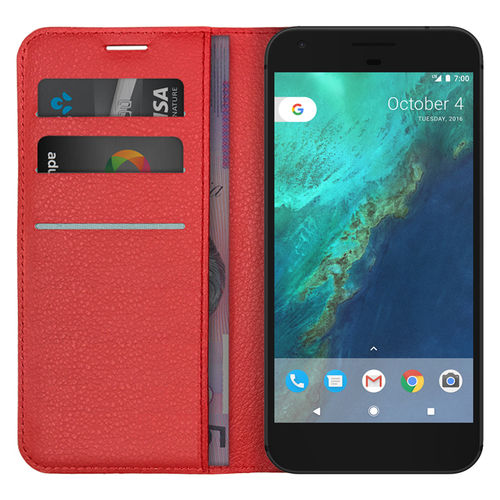 Leather Wallet Case & Card Holder Pouch for Google Pixel XL - Red