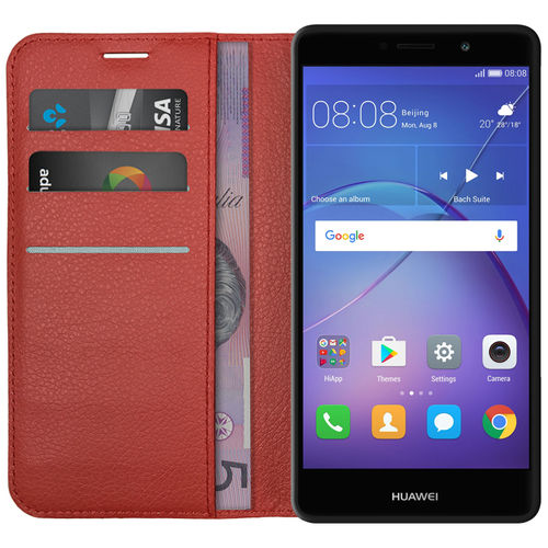 Leather Wallet Case & Card Holder Pouch for Huawei GR5 (2017) - Red