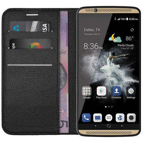 Leather Wallet Case & Card Holder Pouch for ZTE Axon 7 Mini - Black