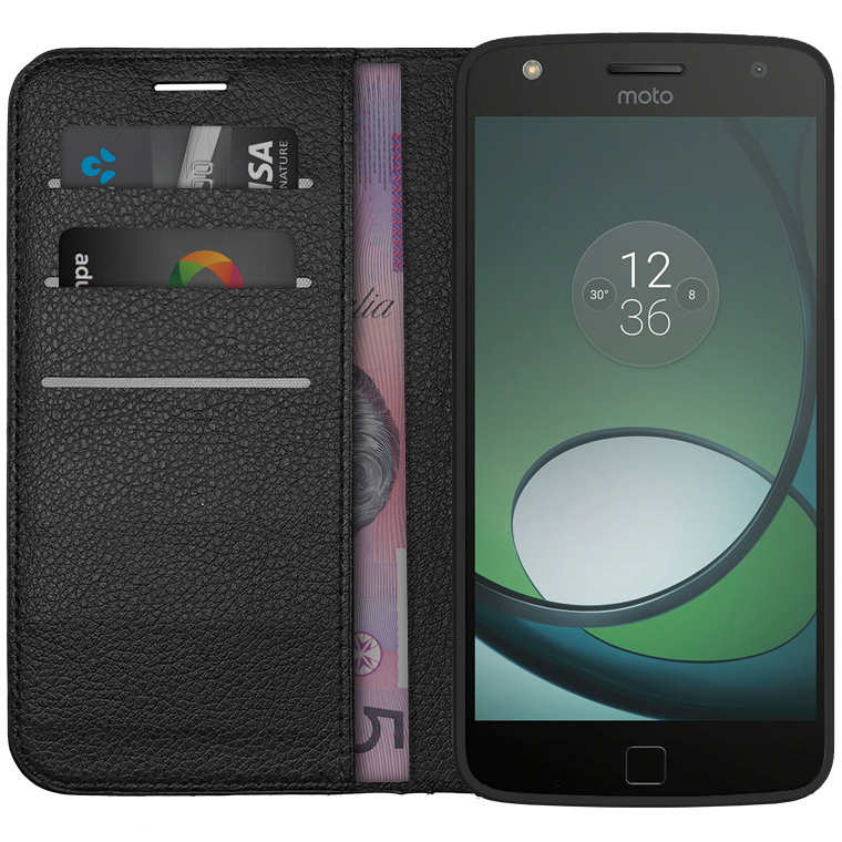 Leather Wallet Case For Motorola Moto Z Play Black