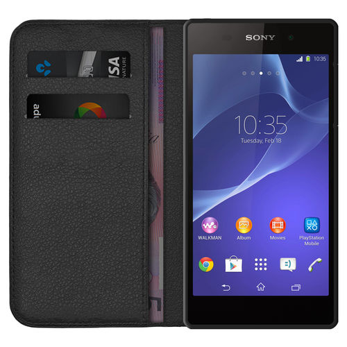 Leather Wallet Case & Card Holder Pouch for Sony Xperia Z2 - Black