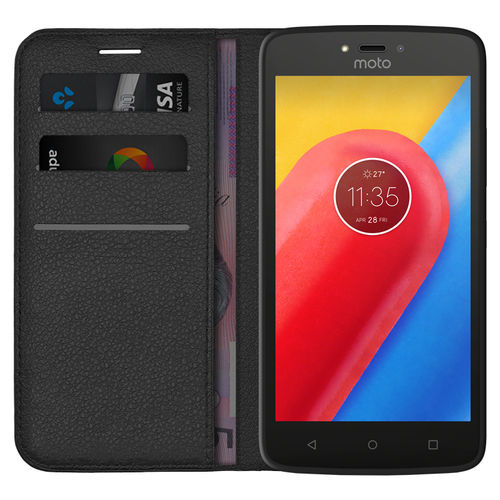 Leather Wallet Case & Card Holder Pouch for Motorola Moto C - Black