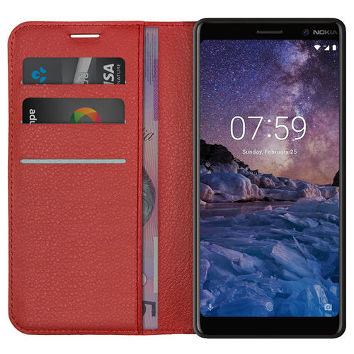 Leather Wallet Case & Card Holder Pouch for Nokia 7 Plus - Red
