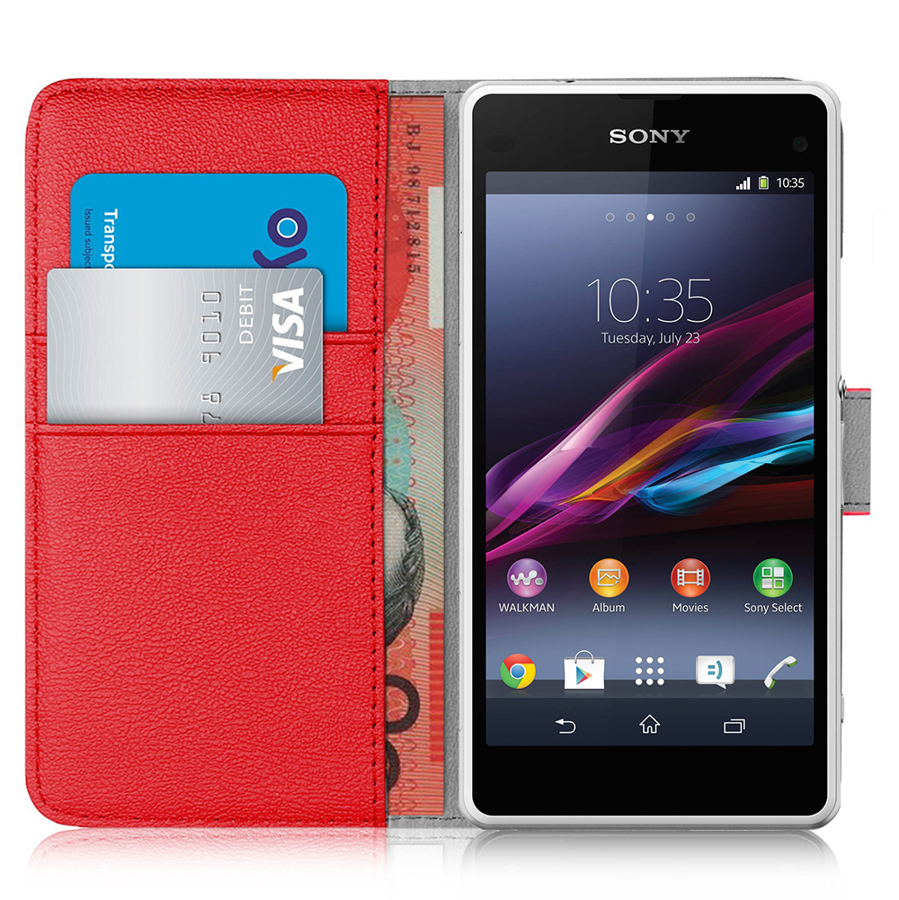 orzly leather wallet case sony xperia z1 compact red sony xperia z1 red light