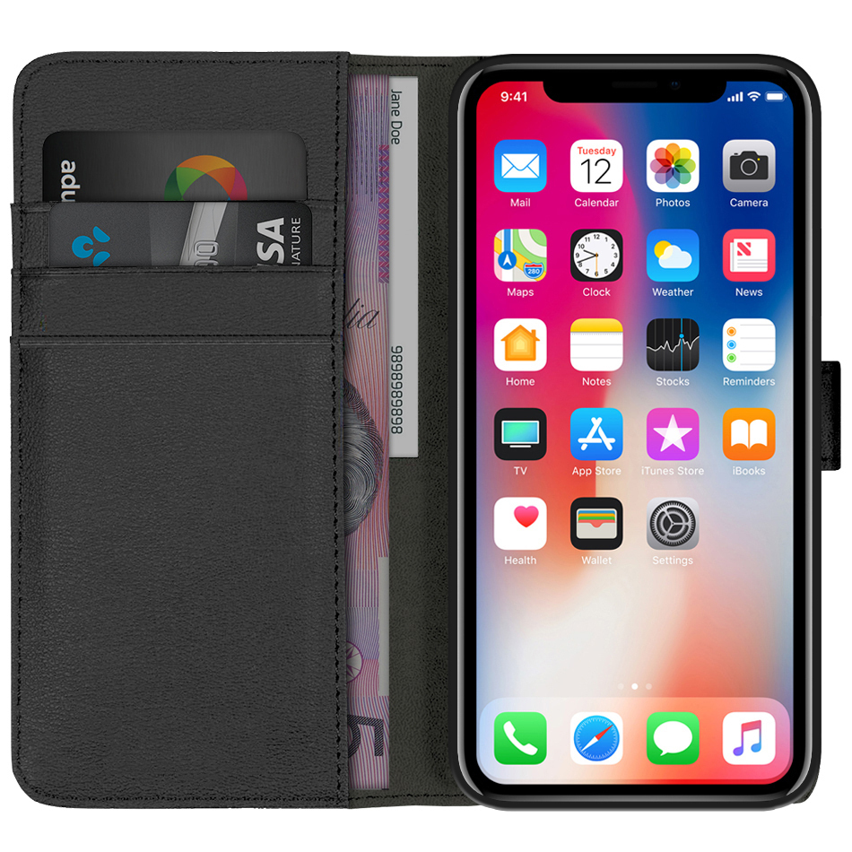 Orzly Premium Leather Wallet Case - Apple iPhone Xs (Black)