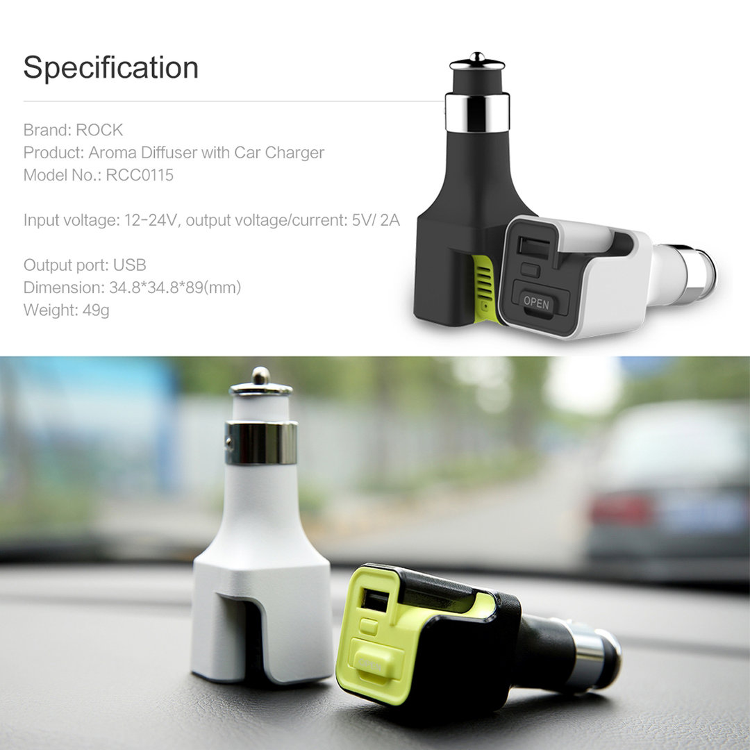 Rock USB Car Charger & Aroma Diffuser Air Purifier (Black)