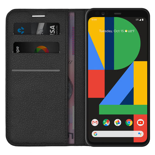 Leather Wallet Case & Card Holder Pouch for Google Pixel 4 XL - Black