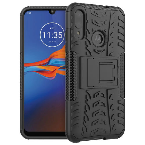 Dual Layer Rugged Tough Case & Stand for Motorola Moto E6 Plus - Black