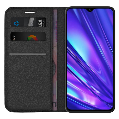 Leather Wallet Case & Card Holder Pouch for realme 5 Pro - Black