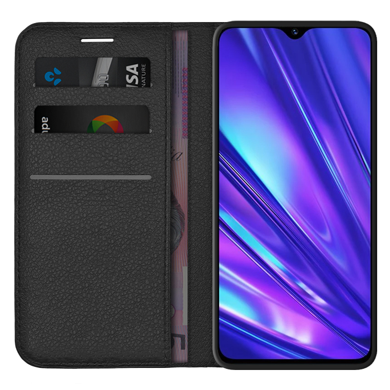 Leather Wallet Case & Card Holder Pouch for realme 5 Pro - Black