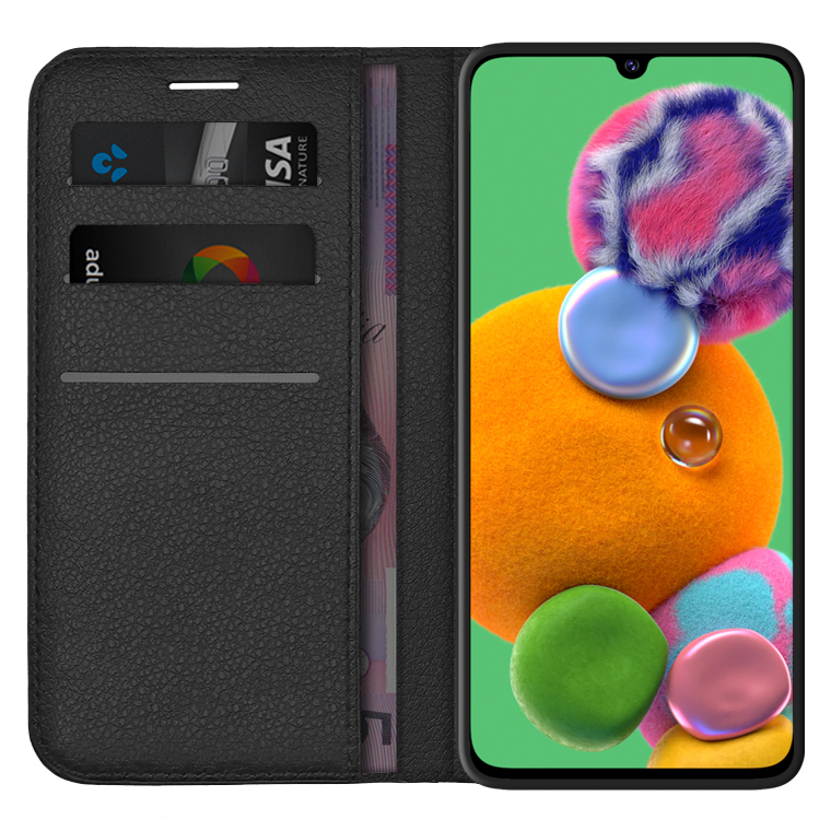 Leather Wallet Case & Card Holder Pouch for Samsung Galaxy A90 5G - Black