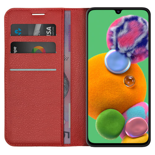 Leather Wallet Case & Card Holder Pouch for Samsung Galaxy A90 5G - Red
