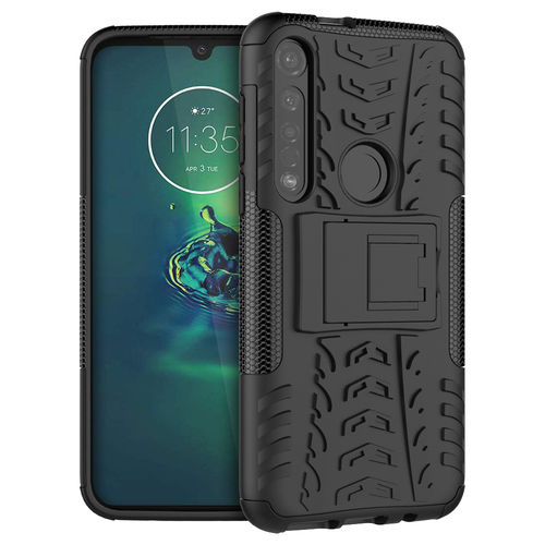 Dual Layer Rugged Tough Case & Stand for Motorola Moto G8 Plus - Black