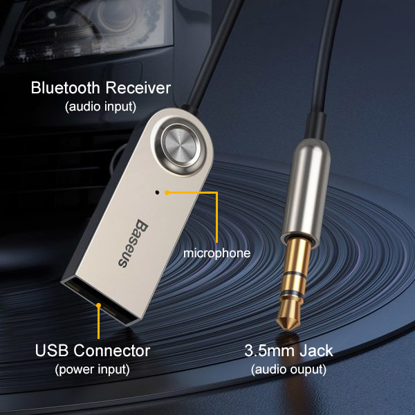 Baseus 3.5mm to USB Bluetooth 5.0 Wireless Audio Receiver Adapter Cable - Black