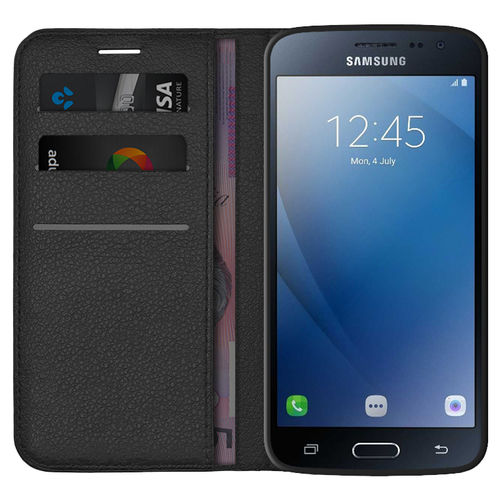 Leather Wallet Case & Card Holder Pouch for Samsung Galaxy J2 Pro (2016) - Black