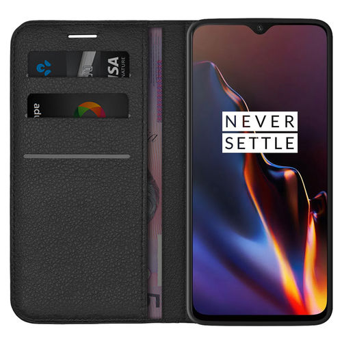 Leather Wallet Case & Card Holder Pouch for OnePlus 6T - Black