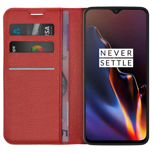 Leather Wallet Case & Card Holder Pouch for OnePlus 6T - Red