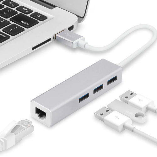 Aluminium (3-Port) USB 3.0 / RJ45 Gigabit Ethernet Hub for MacBook / Laptop