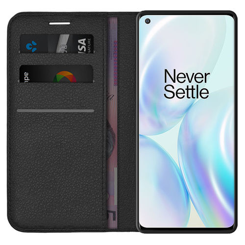 Leather Wallet Case & Card Holder Pouch for OnePlus 8 - Black