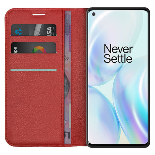 Leather Wallet Case & Card Holder Pouch for OnePlus 8 - Red