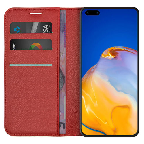 Leather Wallet Case & Card Holder Pouch for Huawei P40 Pro - Red