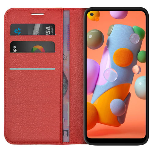 Leather Wallet Case & Card Holder Pouch for Samsung Galaxy A11 - Red