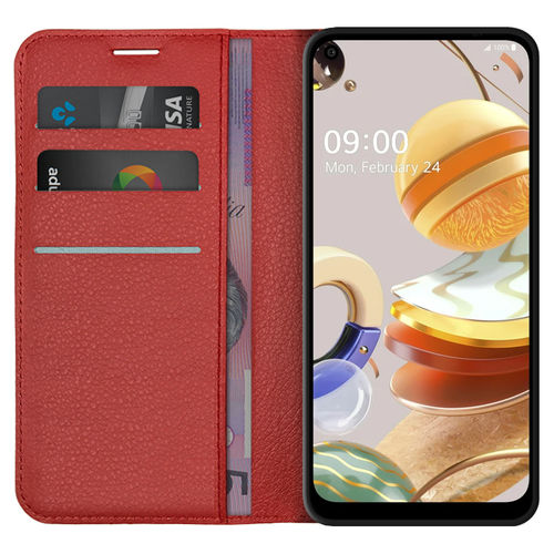 Leather Wallet Case & Card Holder Pouch for LG K61 - Red